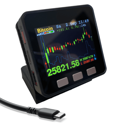 Customizable Crypto Desk Gadget by Encinitas 3D in sleek black finish displaying real-time cryptocurrency candlestick charts, with front control buttons and connected to WiFi for easy setup.