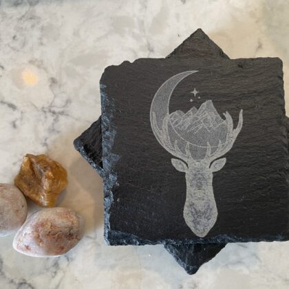ACOTAR - Stag Mountain Moon Three Star - 4 Laser Engraved Slate Coaster - A Court of Thorns and Roses Series - Sarah J Maas - Decor Mountain Encinitas 3D