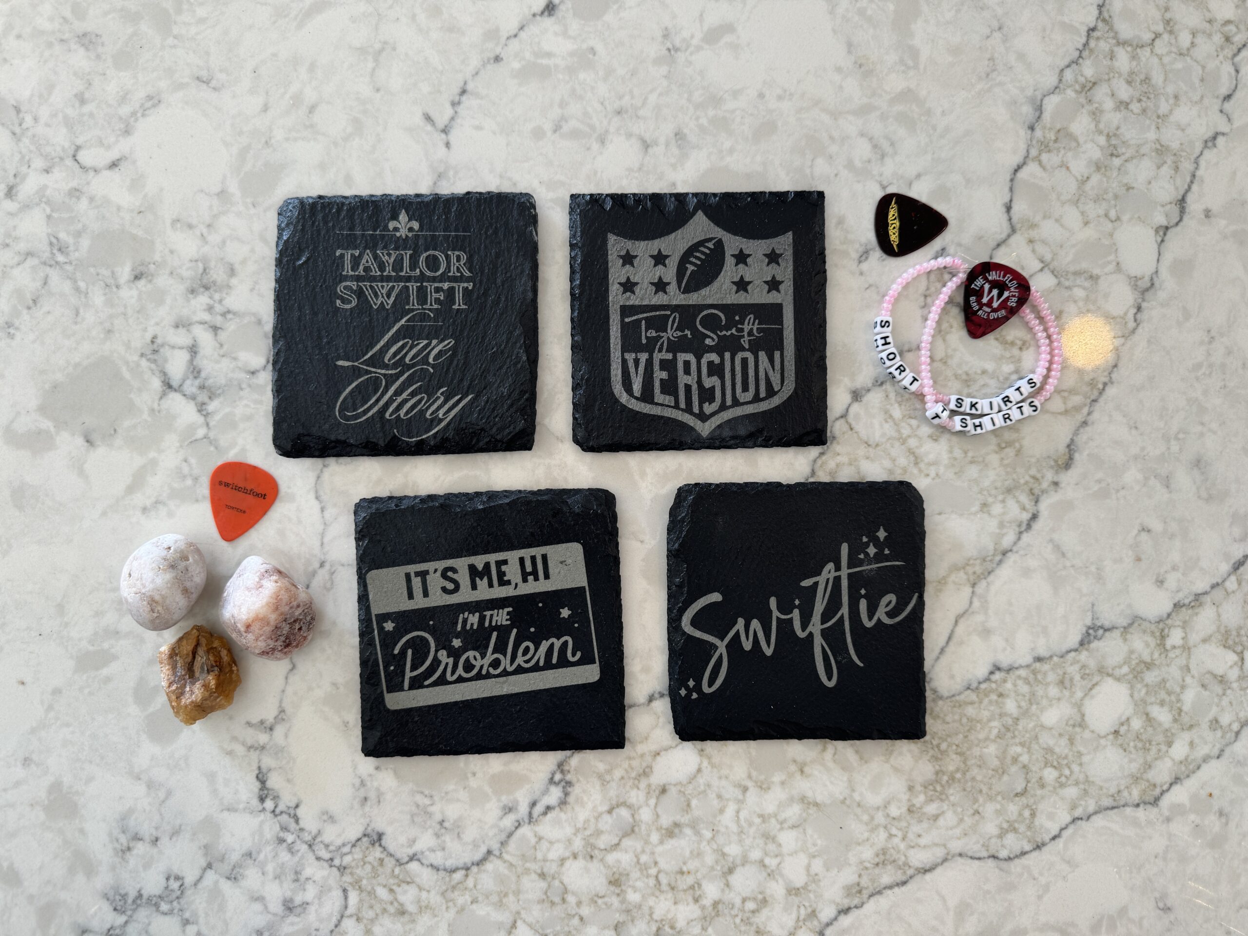 Handcrafted Slate Coasters for Taylor Swift Fans (4 Pack) Optional Stained Wood Coaster Holder - Drop 3