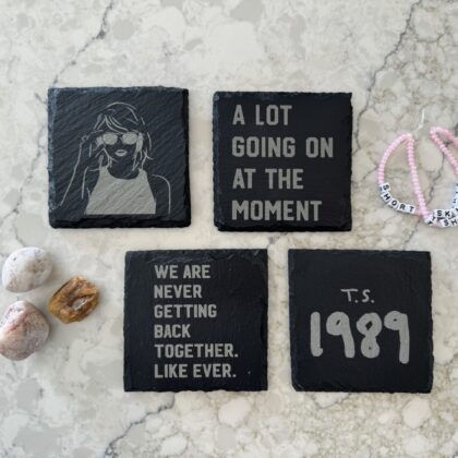 Handcrafted Slate Coasters for Taylor Swift Fans (4 Pack) Optional Stained Wood Coaster Holder - Drop 2