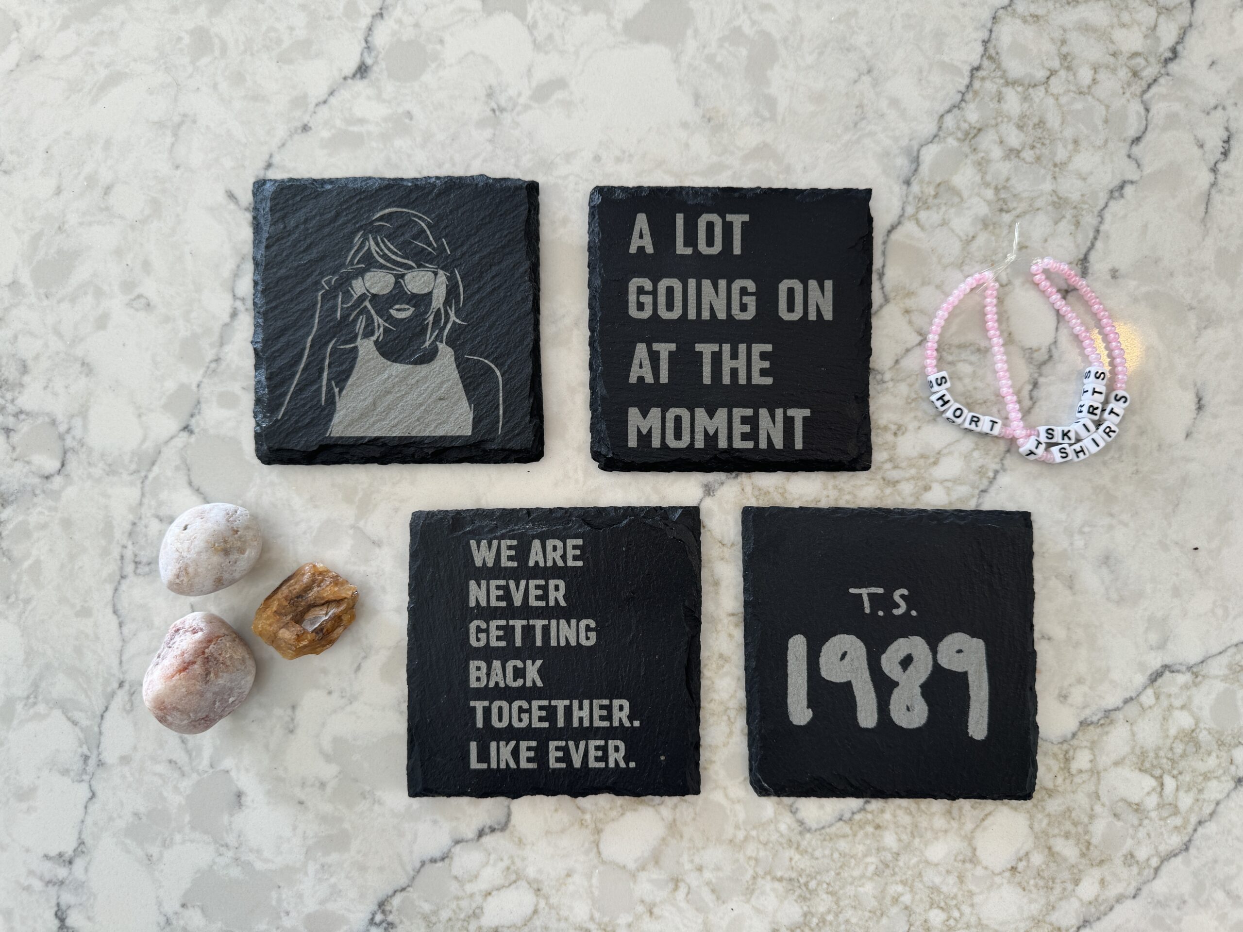 Handcrafted Slate Coasters for Taylor Swift Fans (4 Pack) Optional Stained Wood Coaster Holder - Drop 2