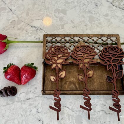 Wooden Roses in Stained Wood Box - Valentines, Anniversary, Wedding,