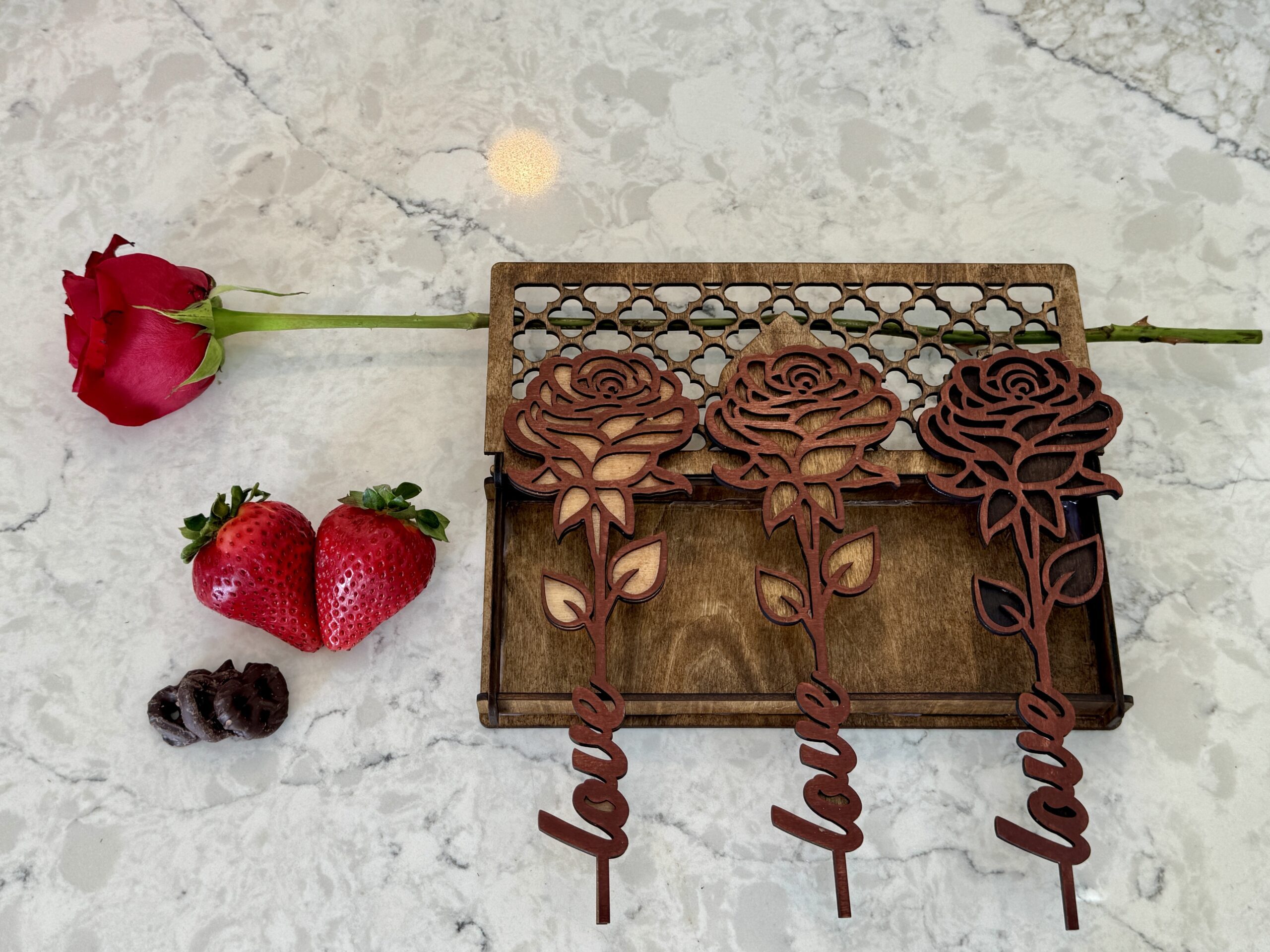 Wooden Roses in Stained Wood Box - Valentines, Anniversary, Wedding,