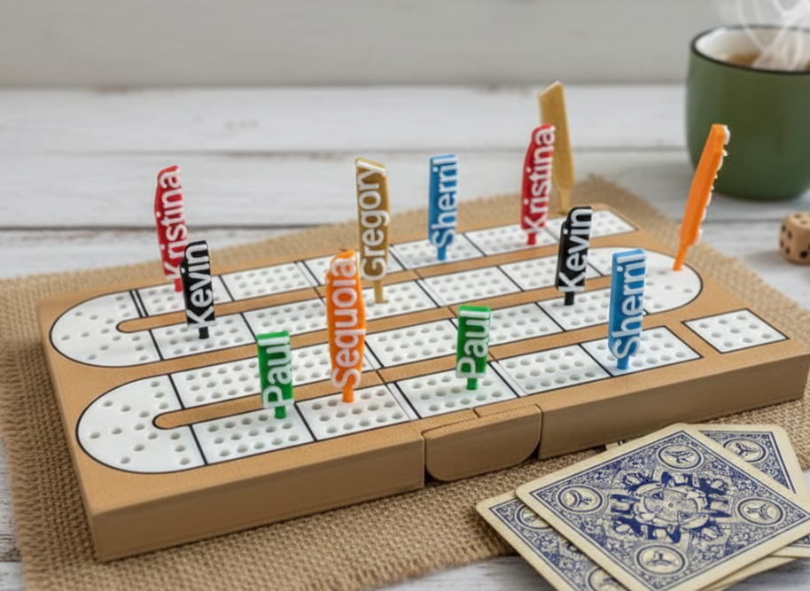 Encinitas 3D Customizable Cribbage Board with name Pegs and Magnetic Folding Travel Mode