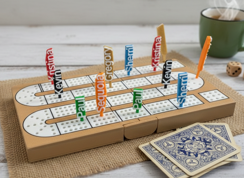 Encinitas 3D Customizable Cribbage Board with name Pegs and Magnetic Folding Travel Mode