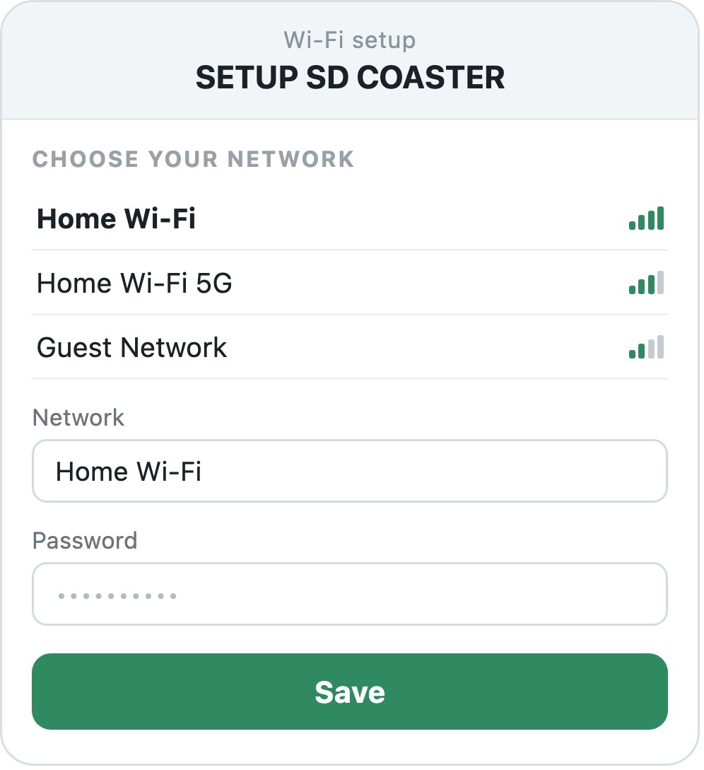 The setup page: nearby networks listed above a network and password field and a Save button