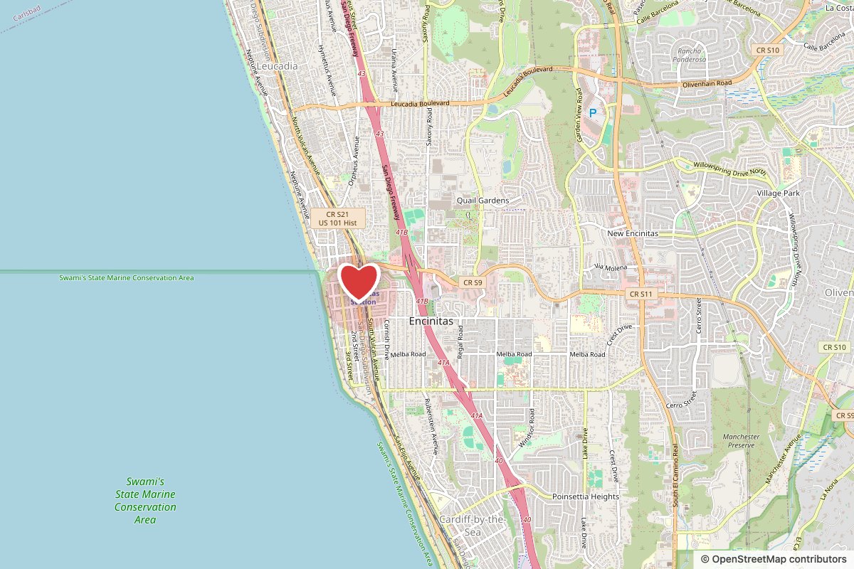 Map of Encinitas with a heart at Encinitas Blvd and 2nd St, near Moonlight Beach