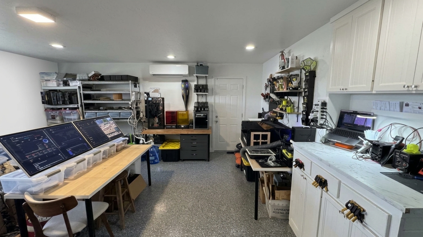 The Encinitas 3D studio: printers, laser, electronics bench and live displays